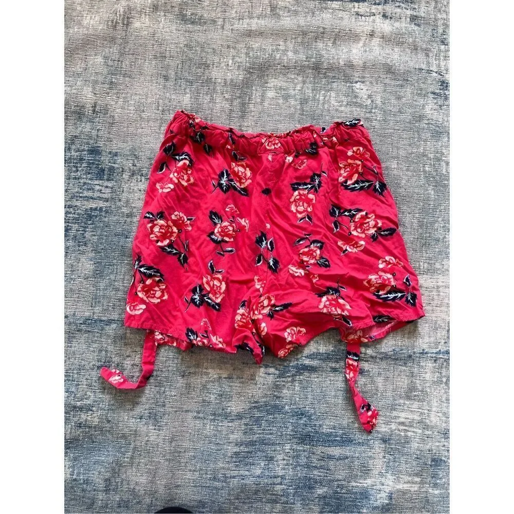 Justice Red Pink Floral Rose Shorts w Attached Belt Size 14 / 16
